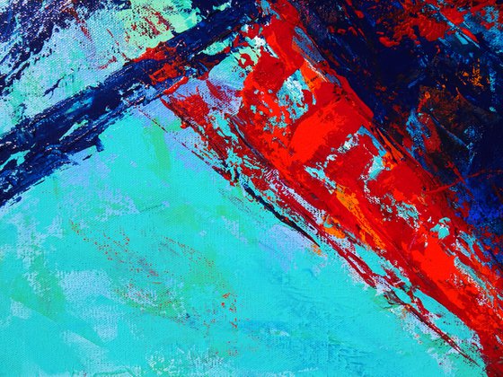 MOMENTS IN TIME I. Teal, Blue, Aqua, Navy, Red Contemporary Abstract Painting with Texture