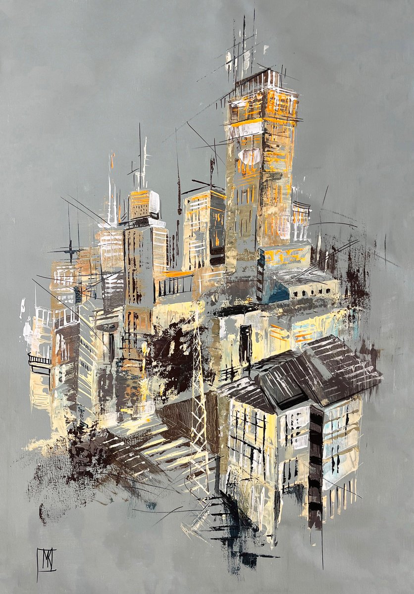 Impressionistic Cityscapes Acrylic Painting By Maria Kireev, 27 X 39", Urban Symphony, Original Artwork