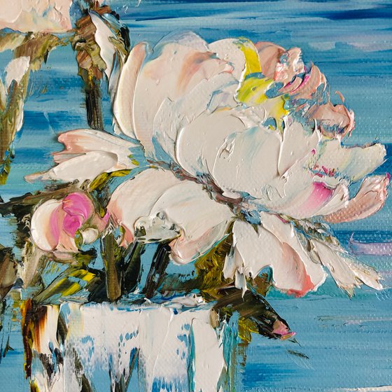 FLOWER MORNING - Seascape. White. Peonies. Tenderness. Shore. Blue art. Ocean view. Horizon. Romantic. Mood.