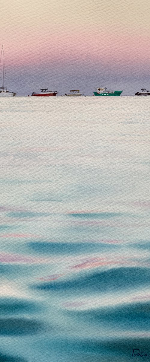 Pink sunset and turquoise sea by Eugenia Gorbacheva