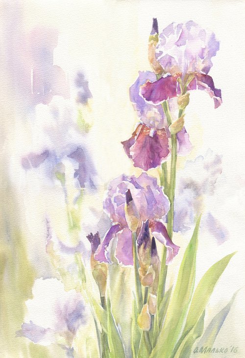 Irises in a garden / ORIGINAL watercolor 15x22 (38x56cm) by Olha Malko