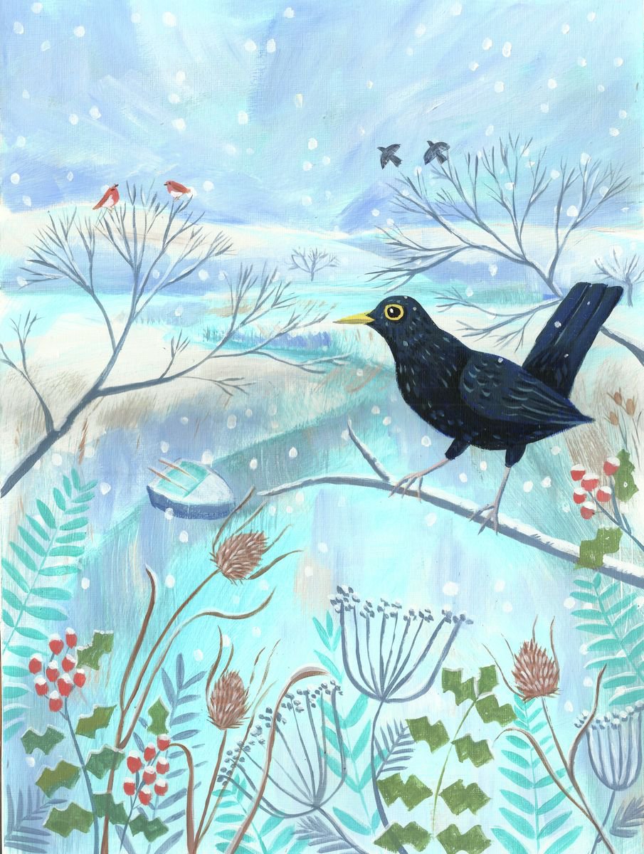 Illustrative Animal Acrylic Painting By Mary Stubberfield, 11 X 16", Winter Blackbird, Original Artwork
