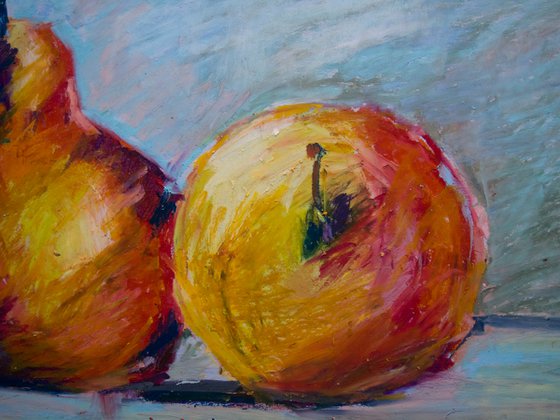 Still life with apple and pear. Home isolation series. Oil pastel painting. Small still life fruits interior decor gift spain shadow original impression