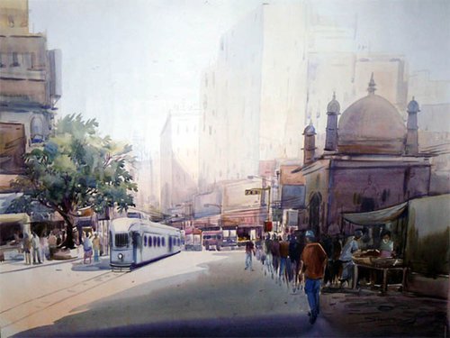 City at  Early Morning-Watercolor on Paper by Samiran Sarkar
