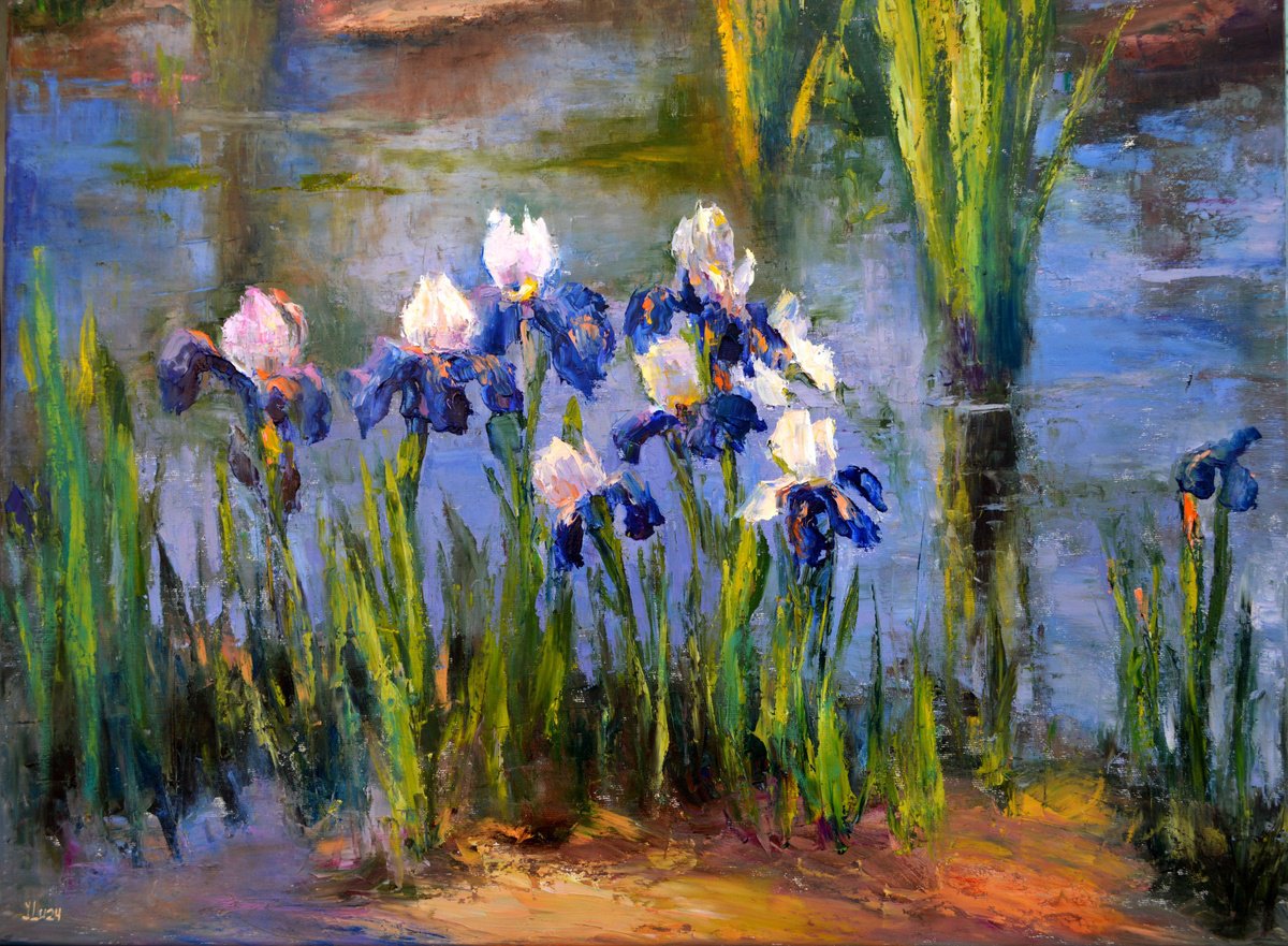 Pond with beautiful irises 60?80 by Elena Lukina