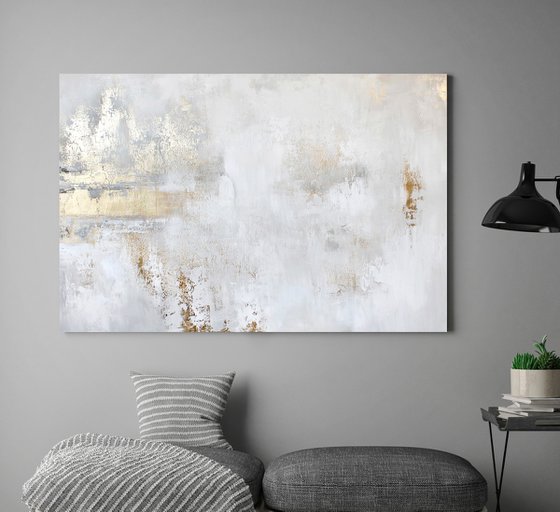 "Cascade 9" White and gold abstract art