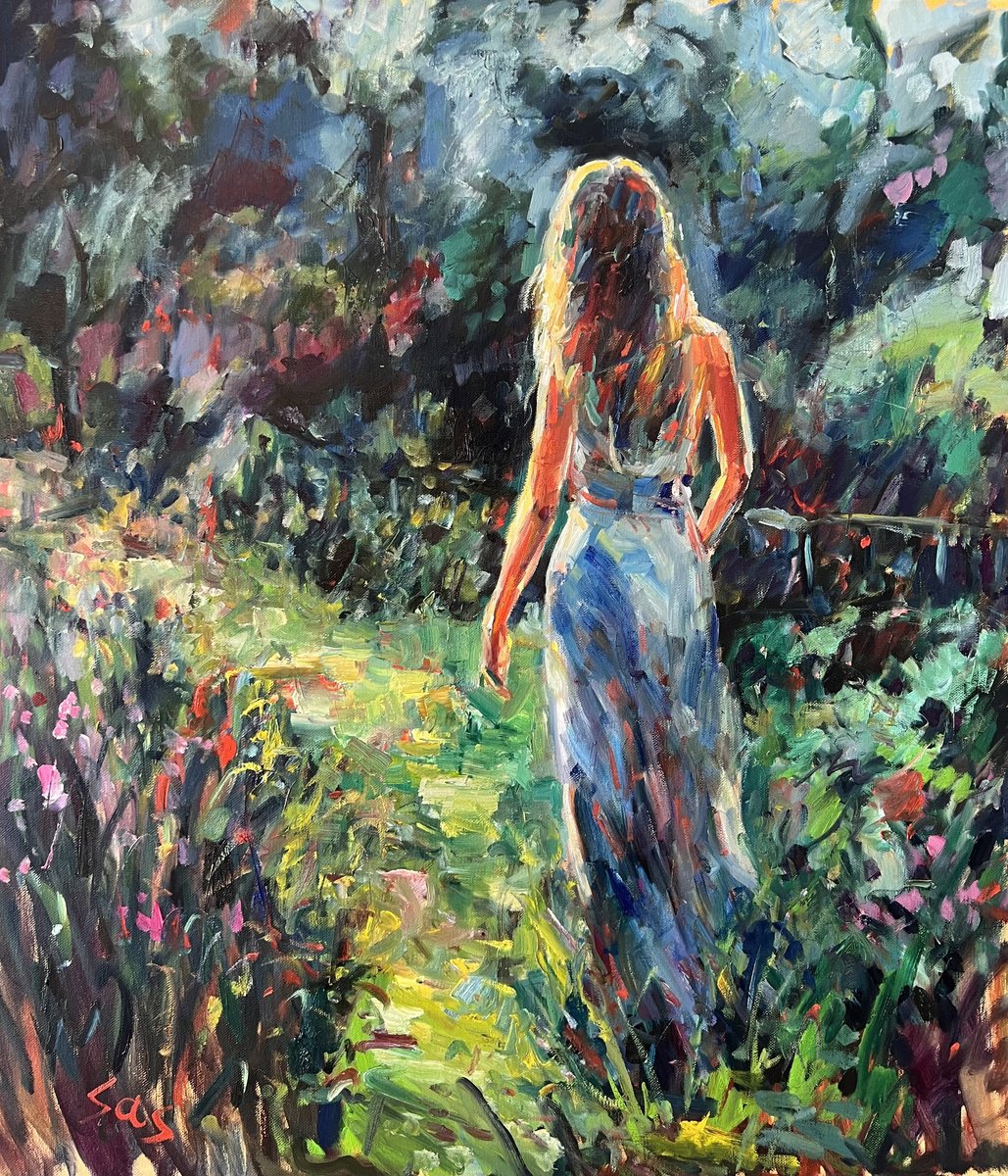 Impressionistic Portrait Oil Painting By Liubou Sas, 28 X 31", In The Garden, Original Artwork