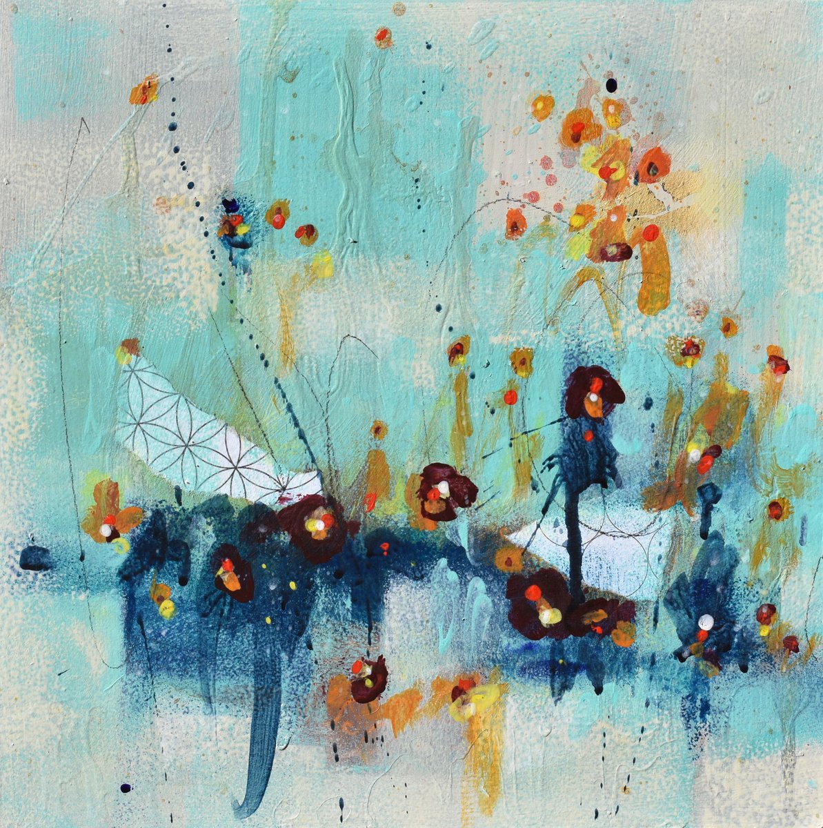 Abstract Landscape Painting By Cynthia Ligeros, 12 X 12, Song Of The Sunflowers, Original Artwork