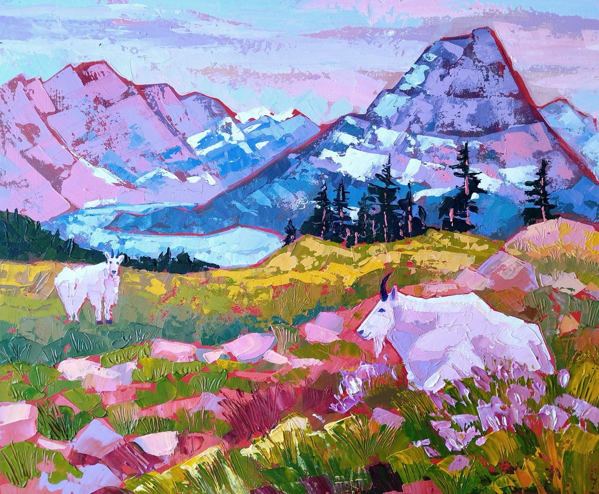 Glacier Landscape National Park Painting Mountain Goats art by Ekaterina Prisich