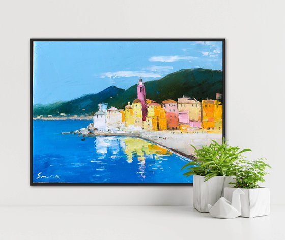 Italian village painting, Ligurian Rivera , impasto oil paintings
