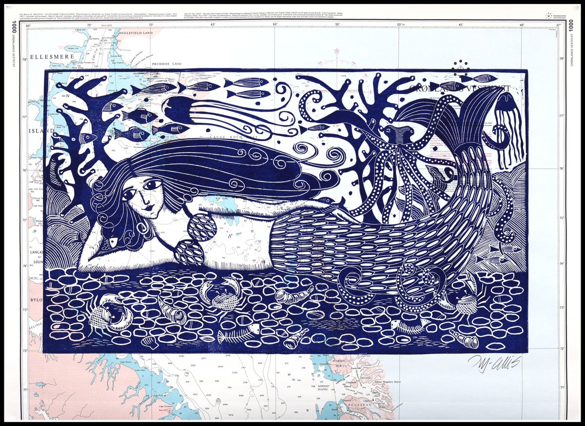 Illustrative Linocut , Mermaid And Her Octopus By Mariann Johansen-Ellis, 27 X 20, Artwork For Sale On Artfinder