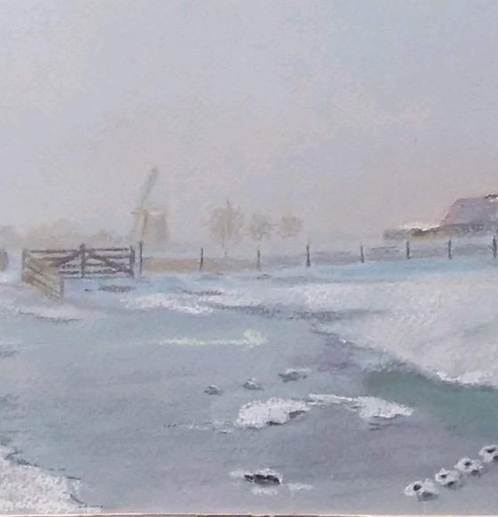Dutch mills - winter landscape with pastels, as a gift