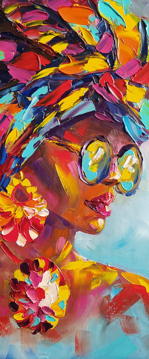 On a sunny day - portrait, oil painting, Africa, woman portrait, african woman, turban, woman, glamor, woman face, face oil painting by Anastasia Kozorez