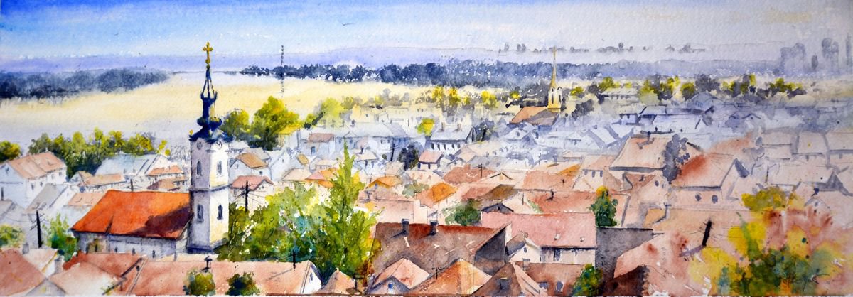 Panoramic view of Zemun and Belgrade 2019 by Nenad Kojic watercolorist