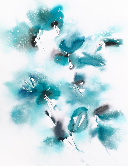 Watercolor floral painting "Turquoise bouquet" by Olga Grigo