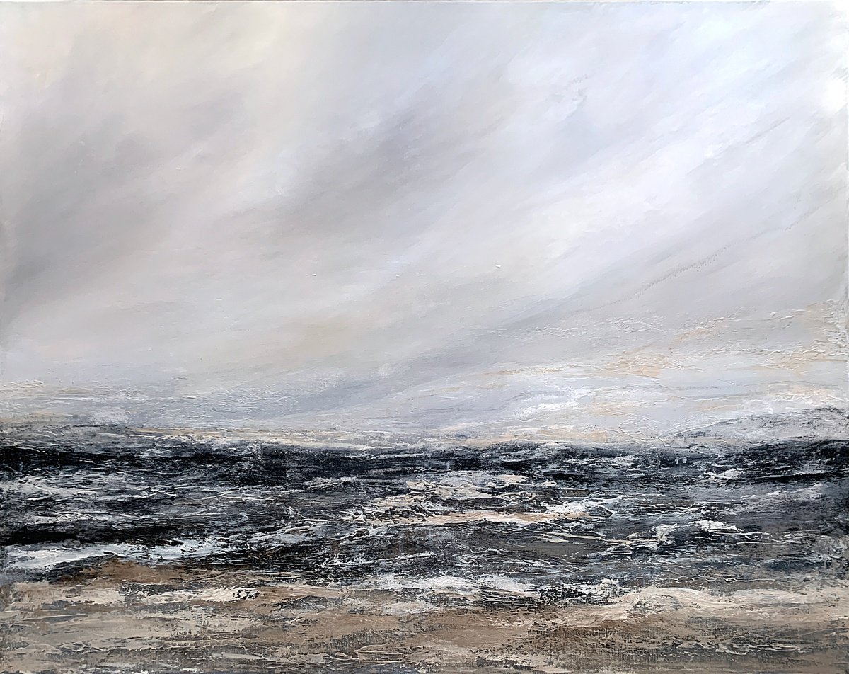 Impressionistic Landscape Acrylic Painting By Tatiana Malinovscaia, 39 X 31", Silent Grey Horizon, Original Artwork