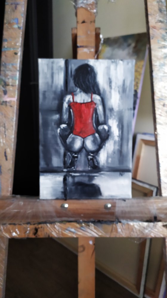In red, original nude erotic, small painting, gift, bedroom art