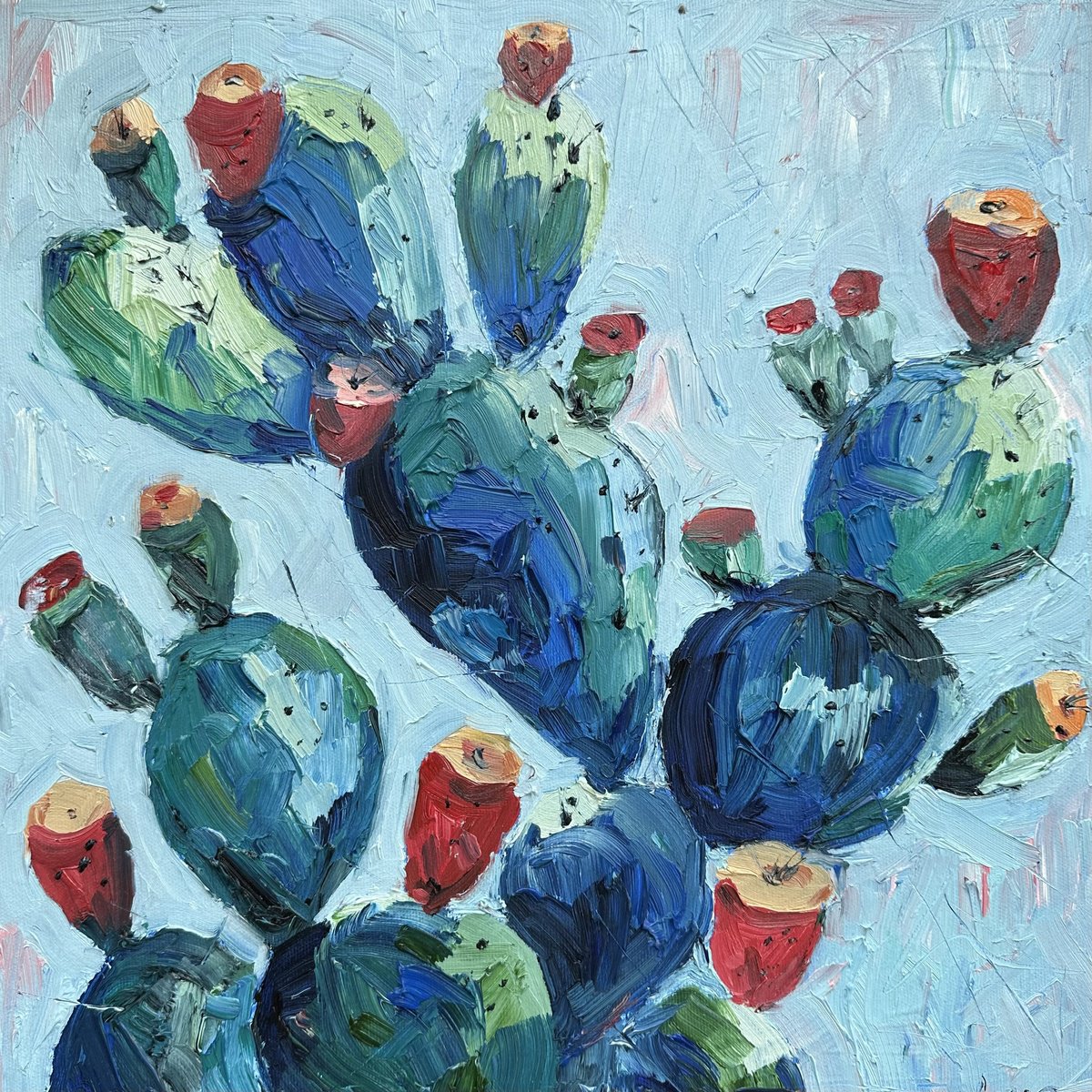 Impressionistic Botanical Oil Painting By Irina Anis, 16 X 16, Blue Cactus, Original Artwork