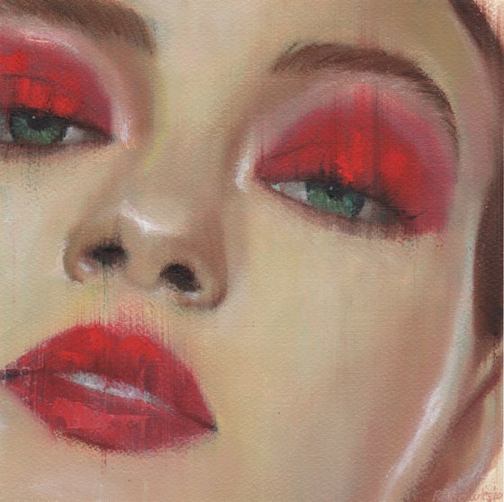 Sophia - beauty oil painting of women female on paper red makeup closeup