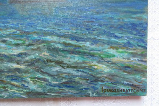 Original Oil Painting Italian Seascape under the Setting Sun Seaside Harbour  with a Wooden Ship Blue Waves Shoreline Fineart