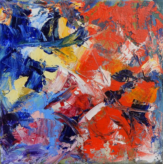 Abstract in blue and red. Palette knife.