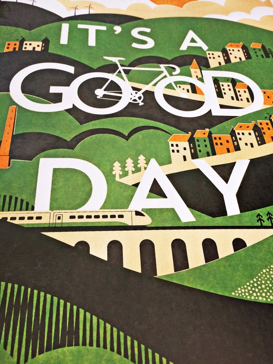 It's A Good Day, Bicycle Art Print With Countryside Landscape