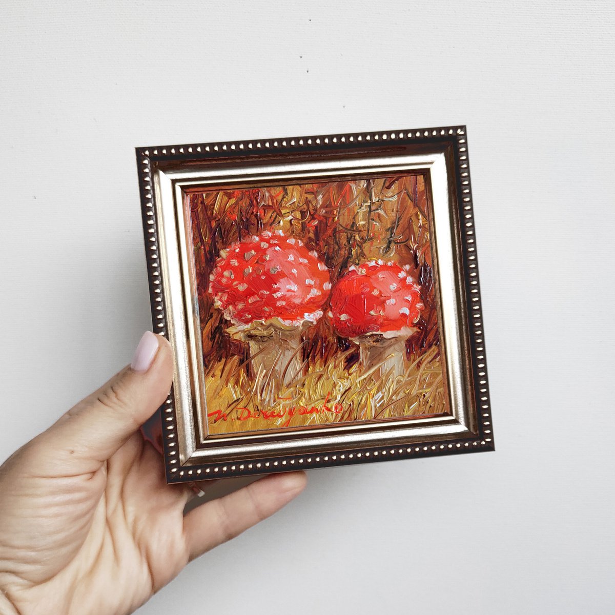 Fly agaric artwork two red mushroom oil painting original 4x4 small framed art, Thank you... by Nataly Derevyanko