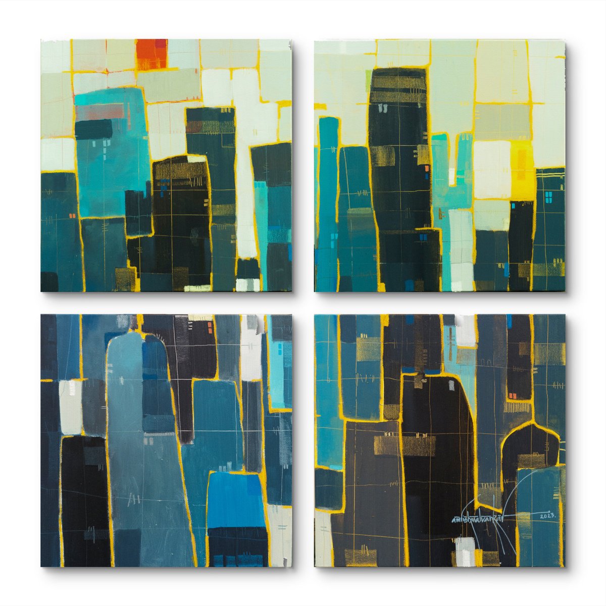 Abstract Cityscapes Painting By Amrish Malvankar, 36 X 36, Urban Blues 2023, Original Artwork