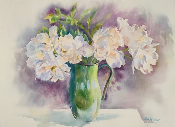 White peonies in a green vase