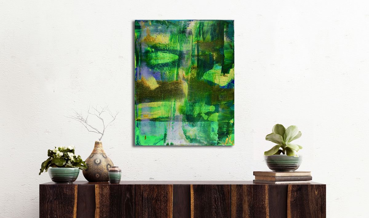 Abstract Acrylic Painting By Nestor Toro, 16 X 20", Green Fusion, Original Artwork