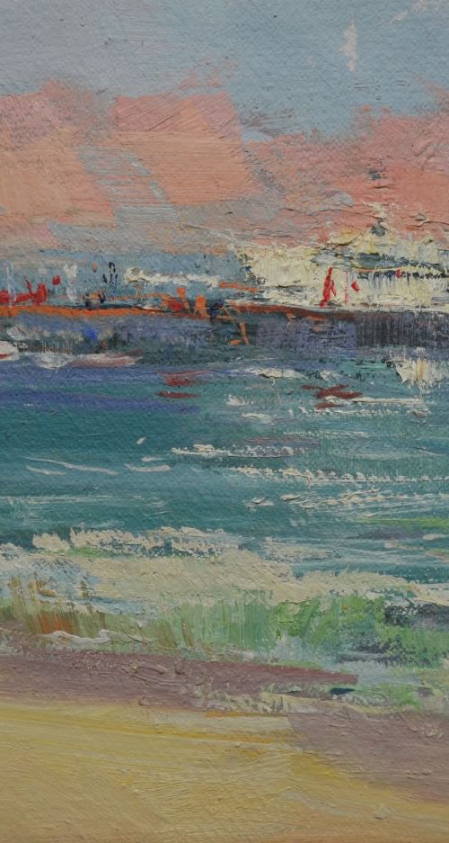 Sea painting titled "Pink Morning" by Yuri Pysar