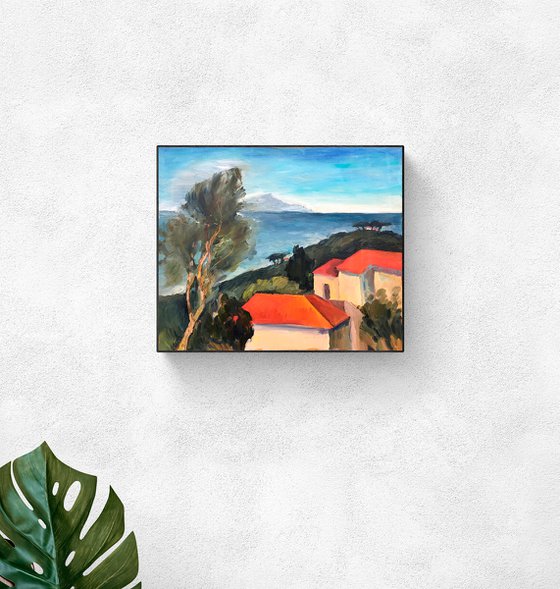 ITALY. THE SEA AND THE RED ROOFS - impressive landscape oil painting with green trees and Italian houses housewarming gift idea home decor