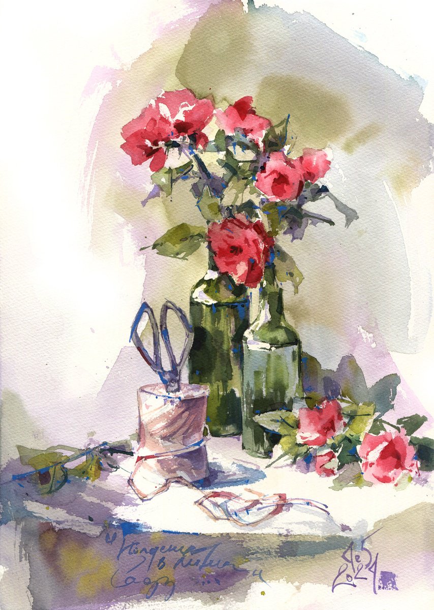 Afternoon in a summer garden still life with roses and green bottles by Ksenia Selianko