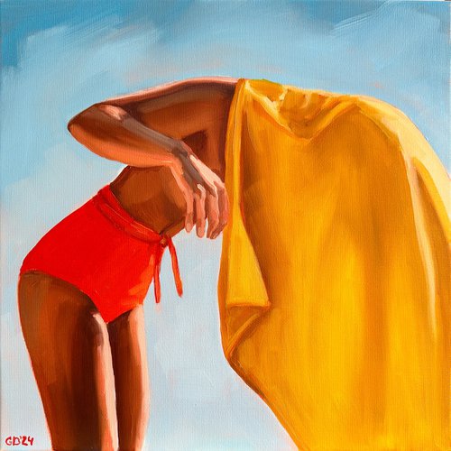 Girl with Yellow Towel - Woman on Beach Painting by Daria Gerasimova