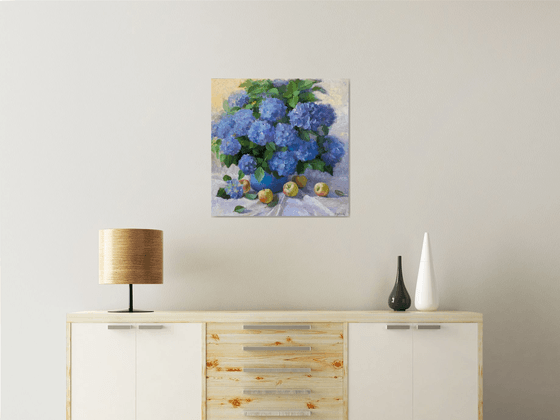 Blue Hydrangeas with Apples