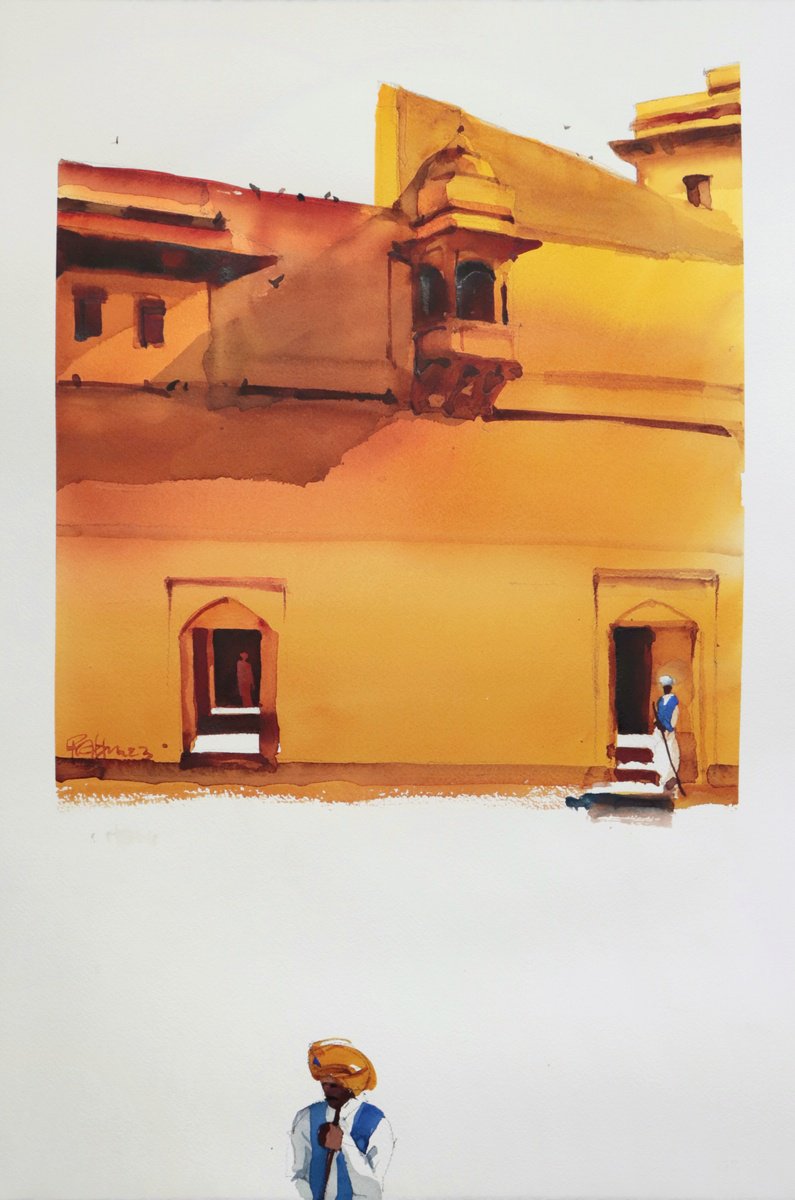 Impressionistic Cityscapes Watercolour By Prashant Prabhu, 15 X 22", Yellow Stones, Summer White, Original Artwork