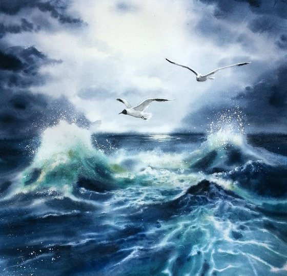 Stormy Sea -  Seagulls – Waves - Thunder Sky - seascape - sea and sky - seagulls over the sea