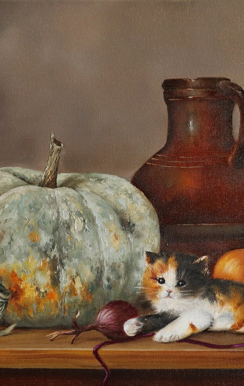 Pumpkin and Kitten Still Life by Natalia Shaykina
