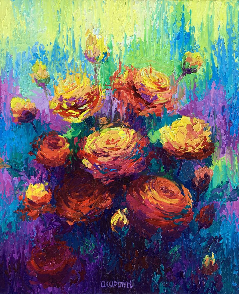 Expressive Botanical Oil Painting By Oxypoint, 20 X 24", "Roses" Flowers, Original Artwork