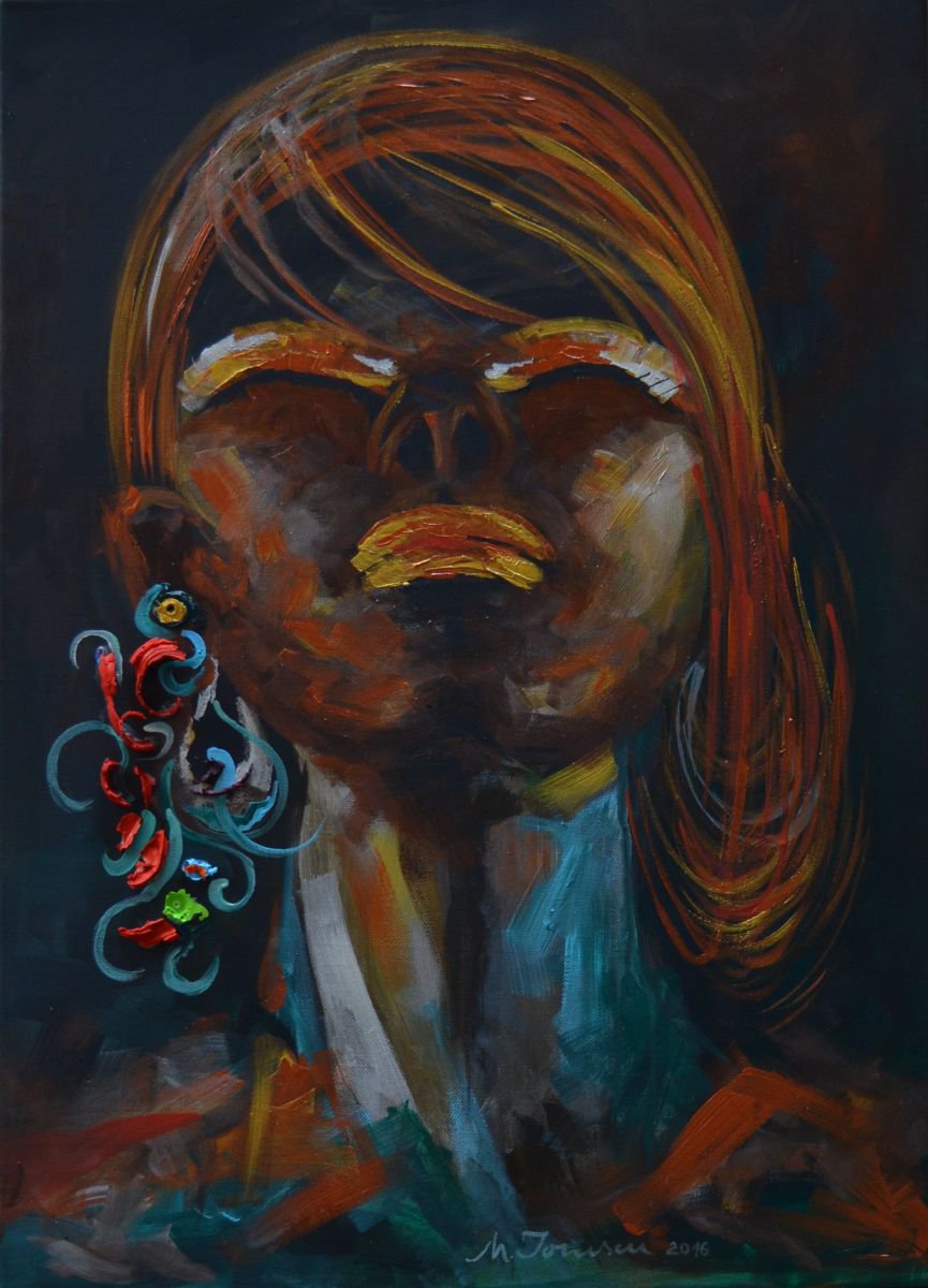 Expressive Portrait Acrylic Painting By Mihaela Ionescu, 20 X 28", "African Lady", Original Artwork