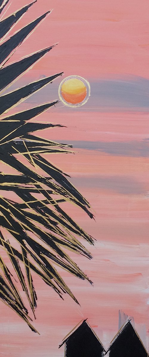 Sunset with Huts 32x12 by Lil Nutter
