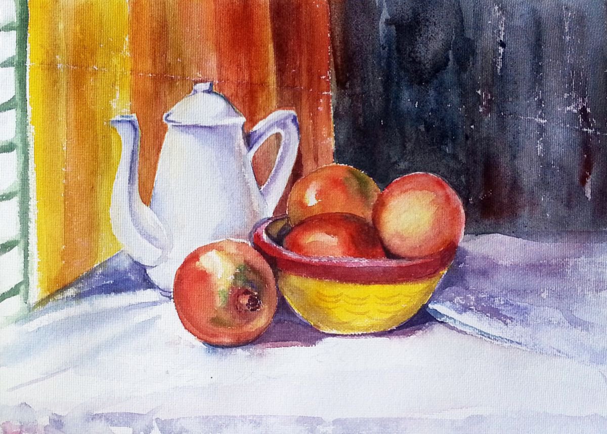 Impressionistic Watercolour , Bowl Of Pomegranates By Asha Shenoy, 12 X 9, Artwork For Sale On Artfinder