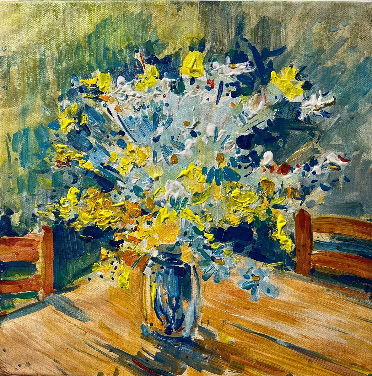 Expressive Botanical Acrylic Painting By Altin Furxhi, 17 X 17, Flowers Impression Painting, Original Artwork