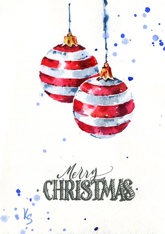 Watercolor New Year's card "Two Christmas balls in red and white stripes"