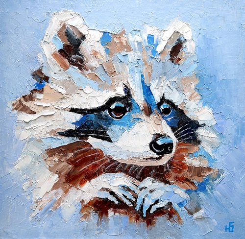 Raccoon Painting Original Art Woodland Animal Artwork Small Wall Art by Yulia Berseneva