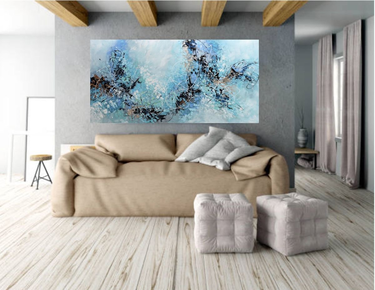 Morning Mist 24x48 - Large Blue Acrylic  Abstract Painting by Olga Tkachyk