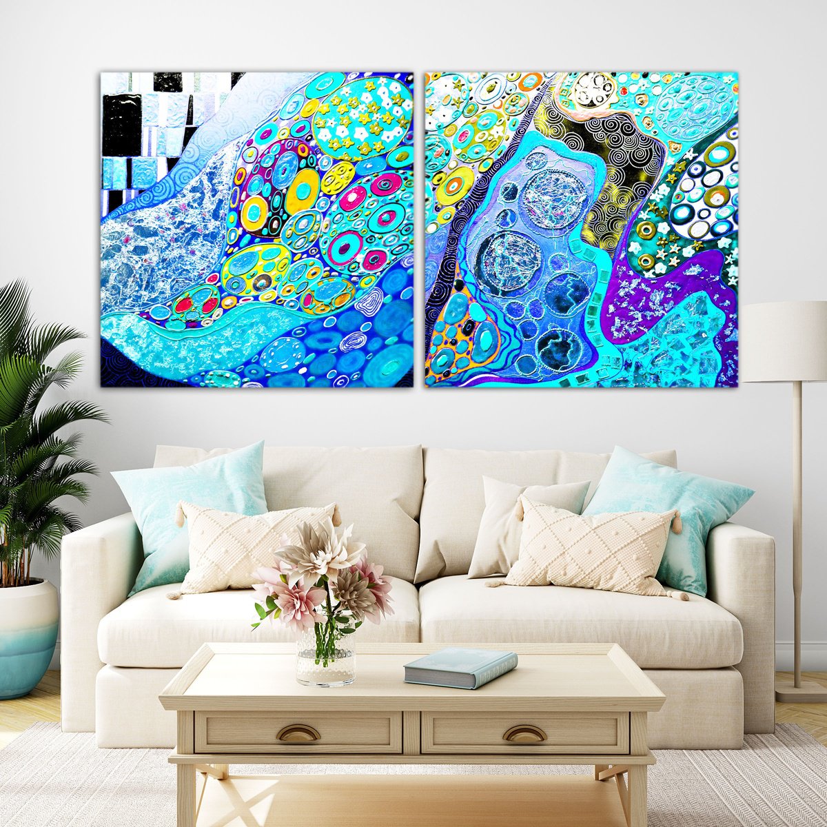 2 pieces 200х100 cm Abstract painting. Turquoise blue Large wall art