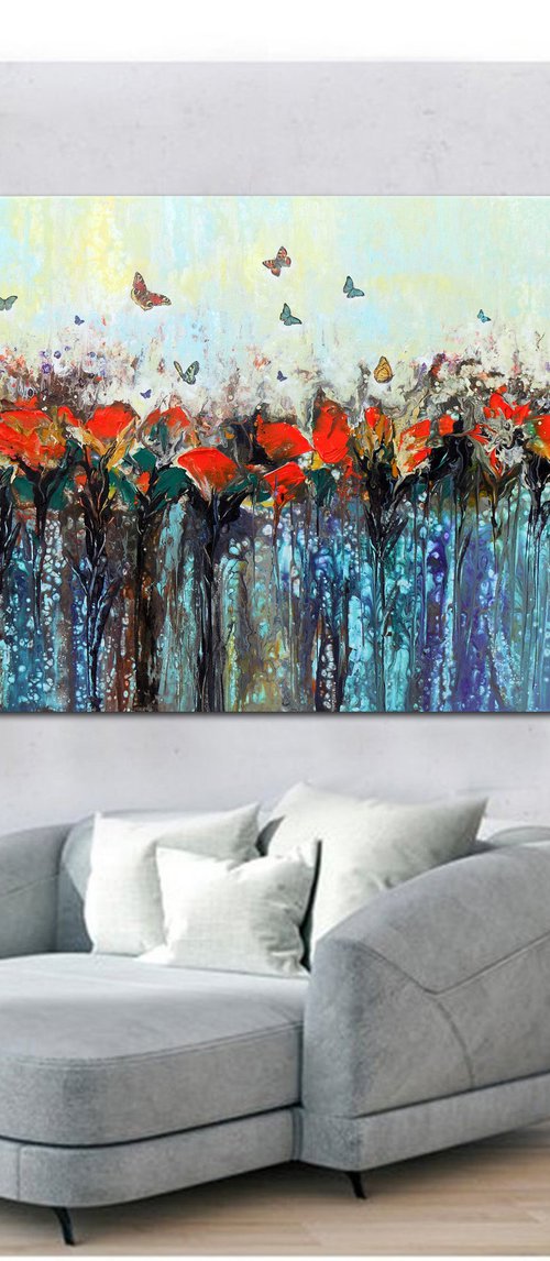 Dance of butterflies - Large abstract red flowers with butterflies, original artwork, abstract landscape by Areti Ampi