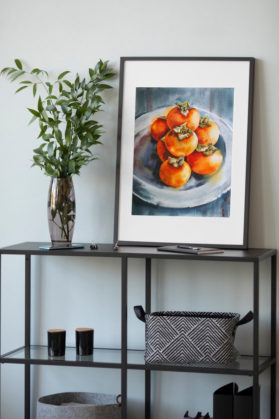 Still life with persimmons on plate