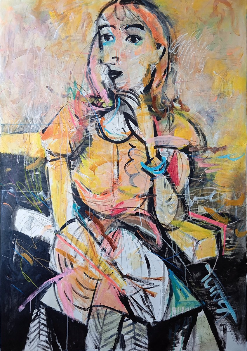 Organic Portrait Acrylic Painting By Catalin Ilinca, 43 X 61, Woman Sitting (02-2025), Original Artwork